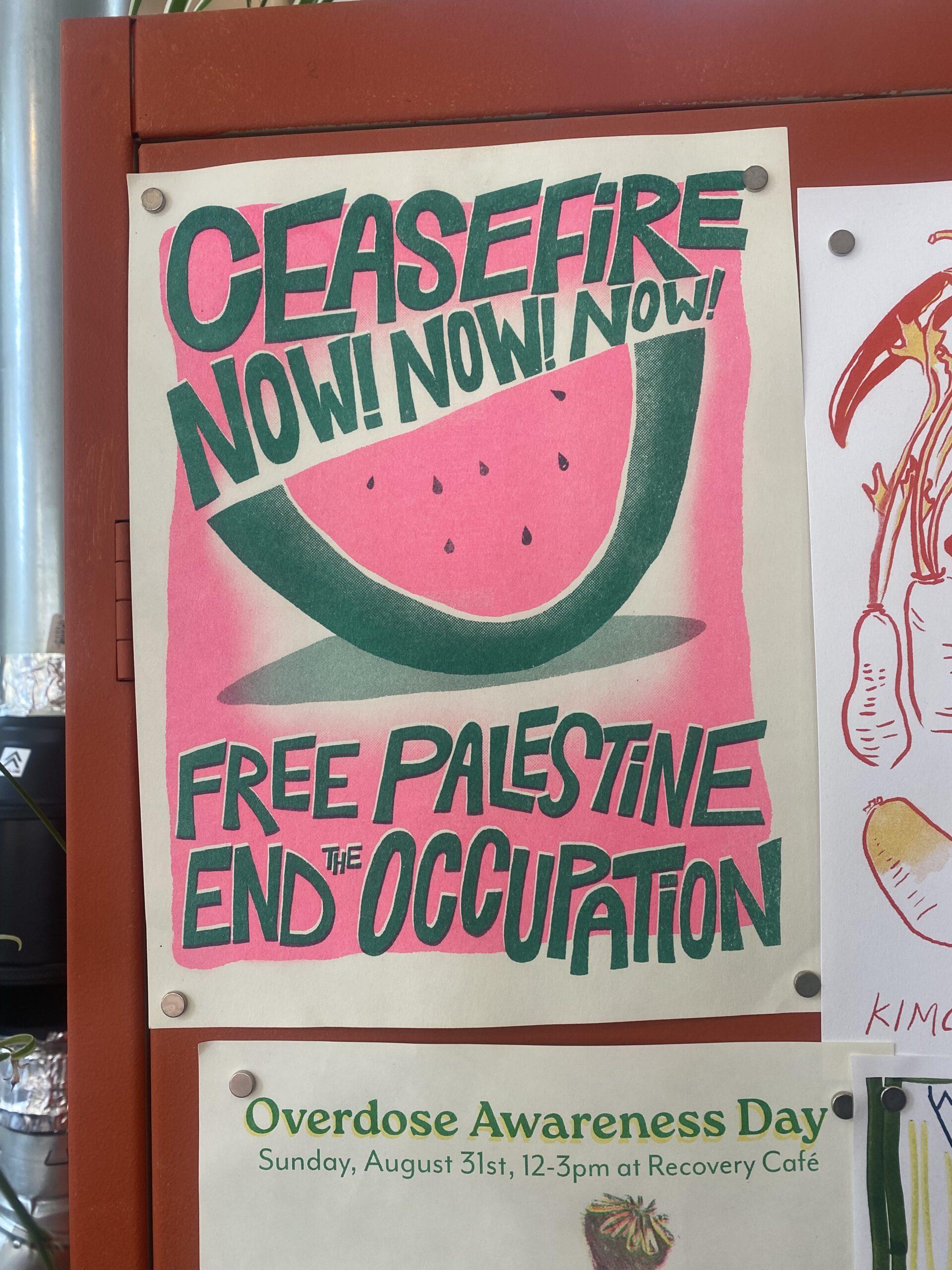 poster that says CEASEFIRE NOW: Free Palestine, End The Occupation, with watermelon imagery