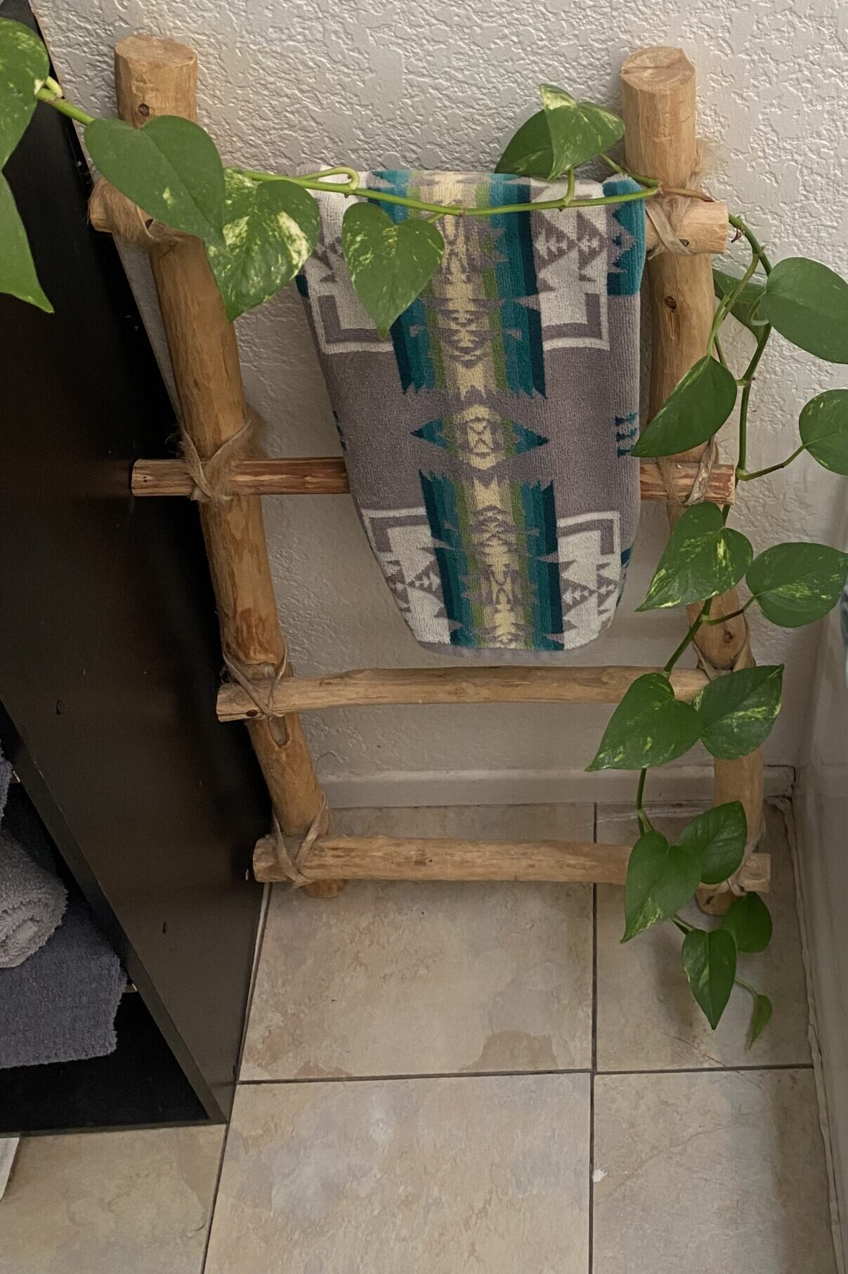 a wooden ladder by a bath, holding a towel, with plant leaves draping over it, and features an eagle and a snake”/></p>
<div class=